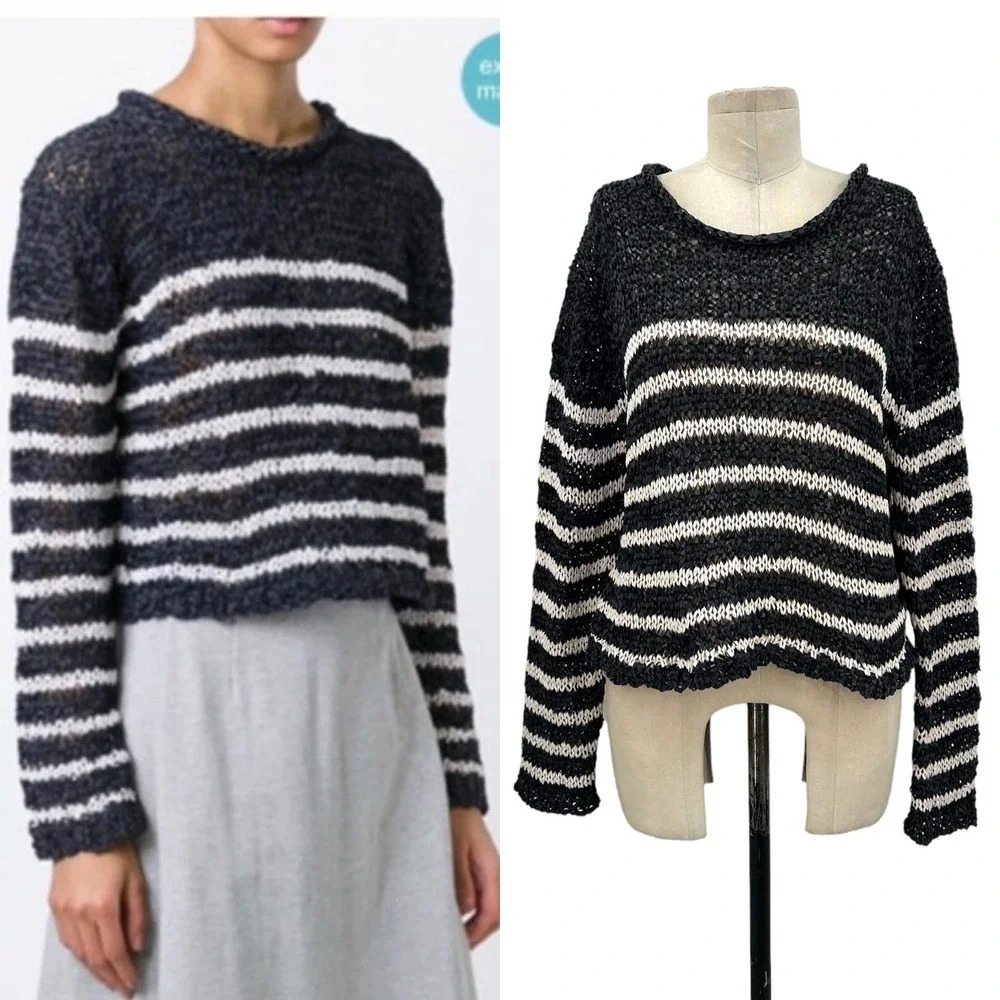 T By Alexander Wang Sweater Knit Top Cropped Striped Crewneck Gray Size Medium